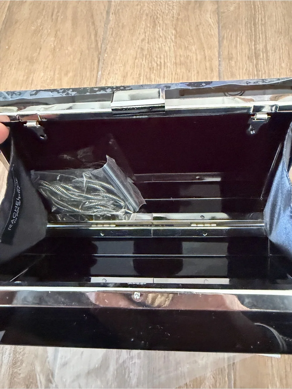NWOT ASOS Black Acrylic Box Clutch with Silver Trim and chain strap